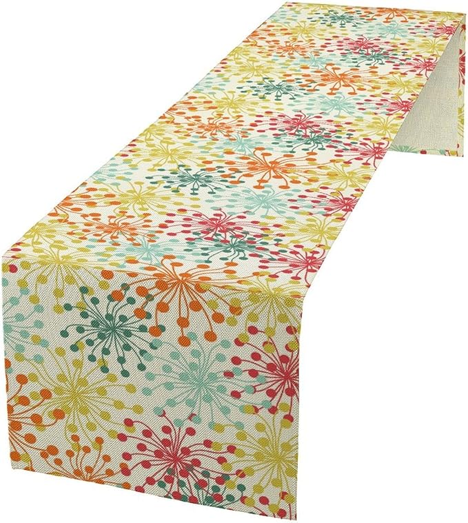 Mid Century Flower Table Runner, Colorful Geometric Abstract Chrysanthemum - Image 2