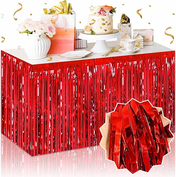 3 Pack 29 x108 Inch Red Foil Fringe Table Skirts Metallic Banner by LANTIANCHEN