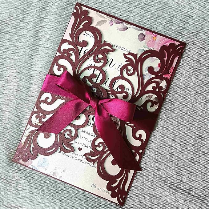 25PCS Laser Cut Burgundy Wedding Invitations Cards - Image 3