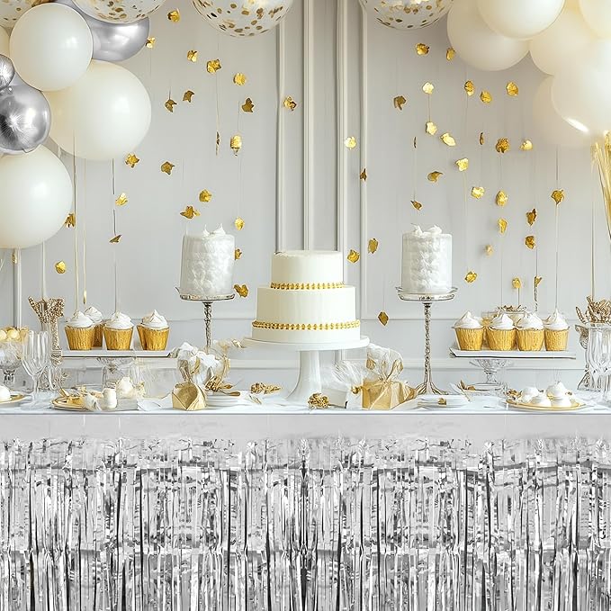 2 Pack Silver Table Skirts, 29x108" Metallic Foil Tinsel Fringe Table Skirts - Image 5