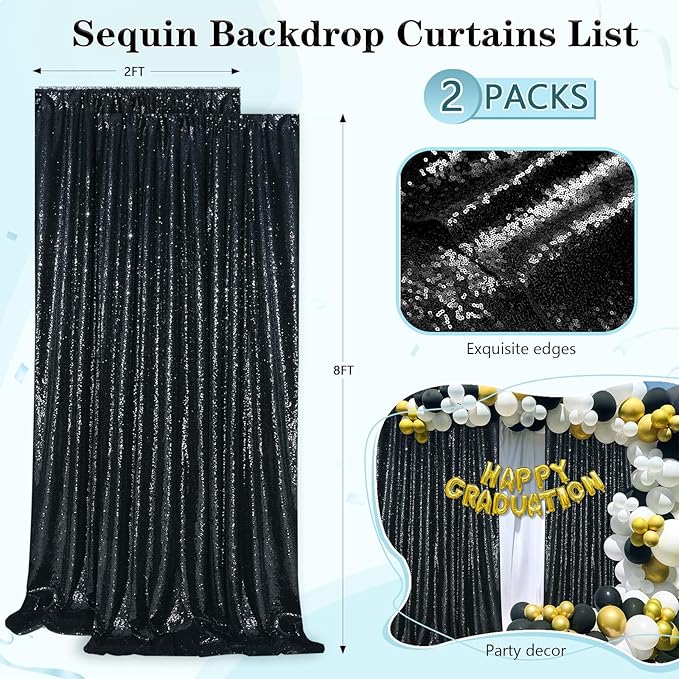 Black Sequin Backdrop 2 Panels 2FTx8FT Halloween Backdrop Curtains Party - Image 4