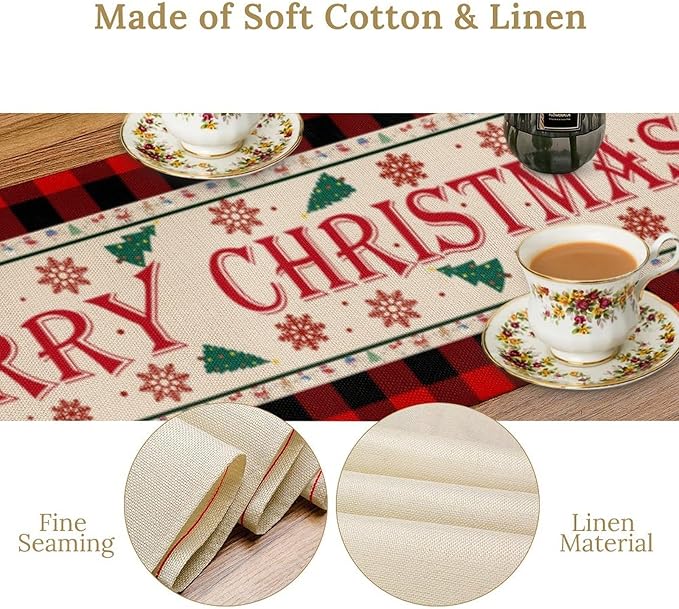 Merry Christmas Table Runner, Winter Xmas Holiday Table Cloth Kitchen Dining - Image 5