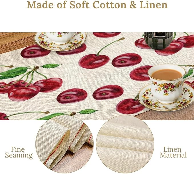 Red Cherry Table Runner Watercolor Tropical Fruit Spring Summer Wild Berry - Image 5