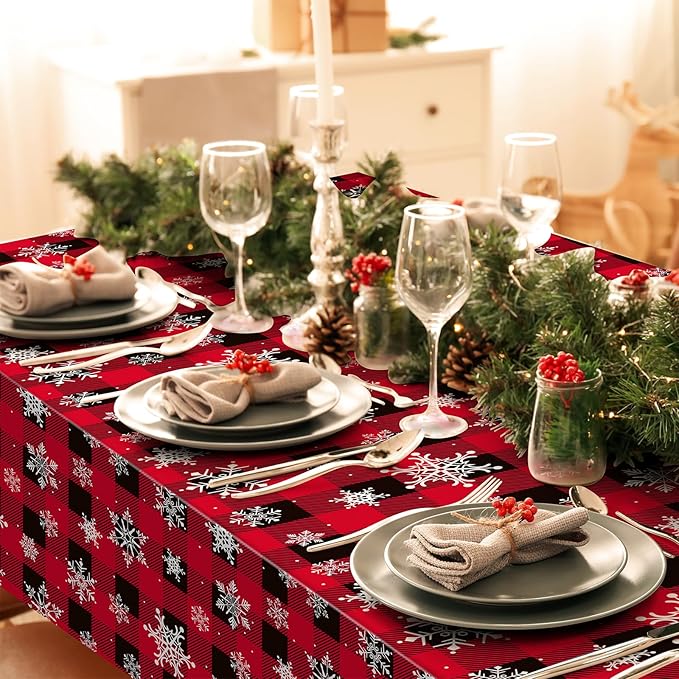 12 Pieces Red and Black Buffalo Plaid Merry Christmas Party Tablecloth - Image 5