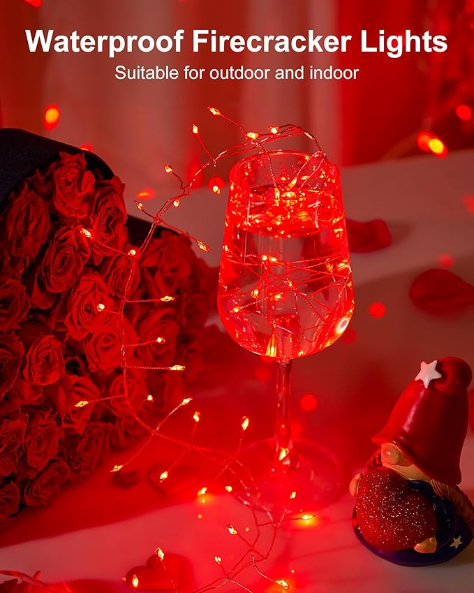 Red Fairy Lights Battery Operated, Valentine's Day Silver Wire 5 Feet 60 Led - Image 2
