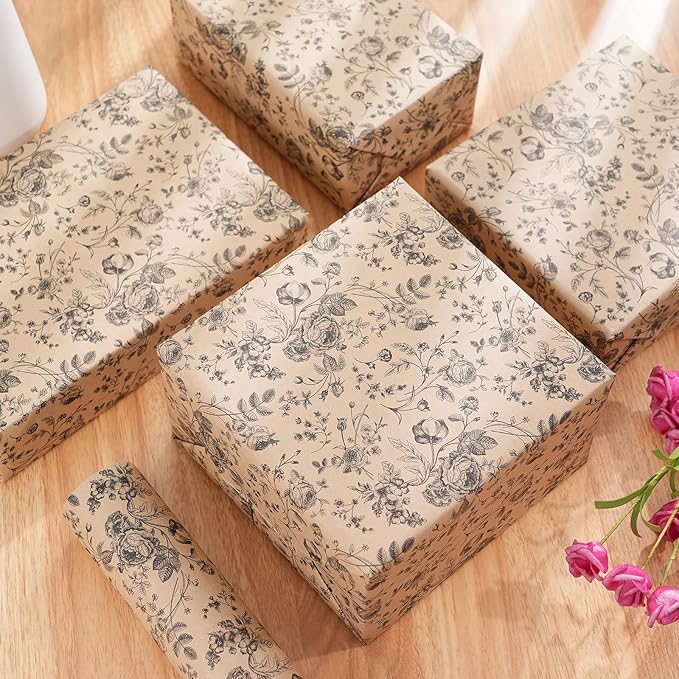Ulmasinn Kraft Floral Wrapping Paper Roll - Image 6
