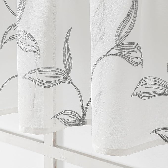VISIONTEX Sheer Voile Curtain Valances, Decorative Leaves Embroidered, Rod - Image 4