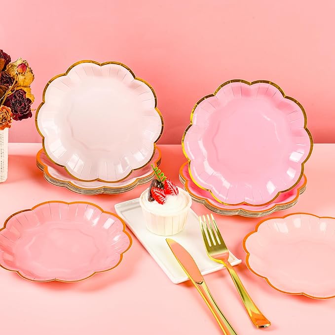 Pink Party Plates Gradient Pink Dessert Paper Plates 7inch Gold Foil Scalloped - Image 8