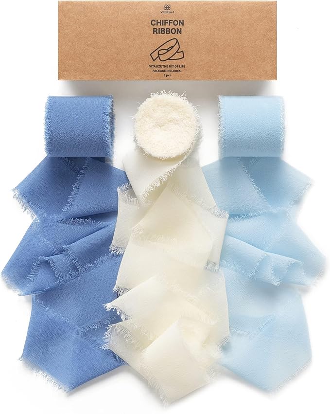 Vitalizart Blue Handmade Chiffon Silk Ribbon Fringe 1.5" x 21 Yd Dusty & Baby by Vitalizart