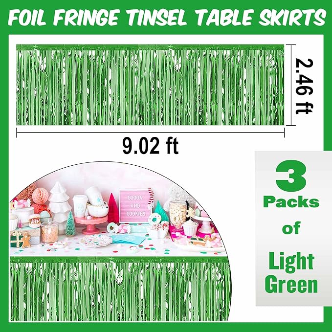 3 Pack 29 x108 Inch Light Green Foil Fringe Table Skirts Metallic Banner - Image 3