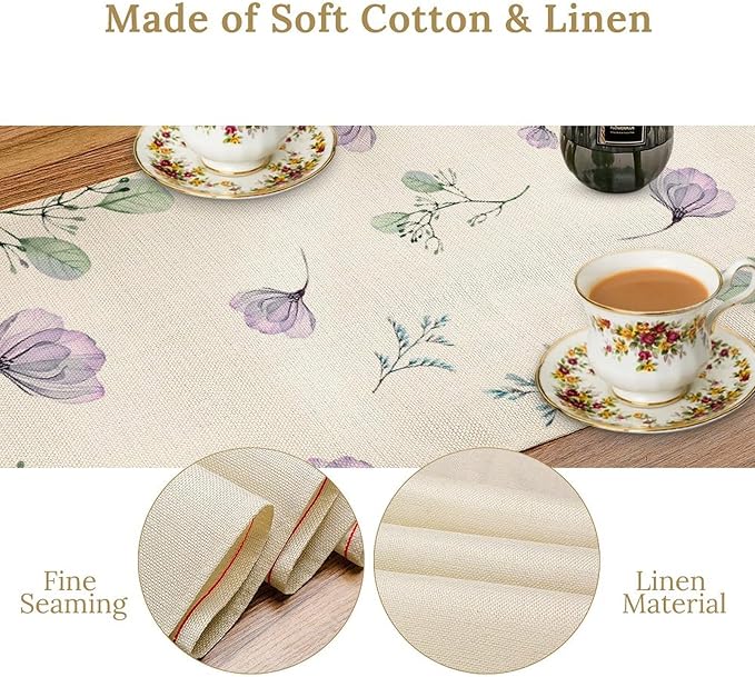 Poppy Flower Table Runner, Watercolor Purple Floral Leaves Seasonal Spring - Image 4