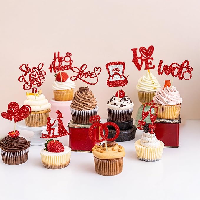 Ephlyn 30Pcs He Asked She Said Yes Cupcake Toppers Glitter Engagement Cupcake - Image 7