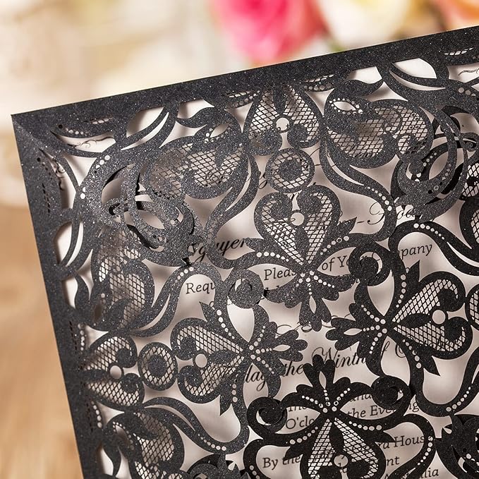 Hosmsua 6.3 x 6.3 Inch 50PCS Black Laser Cut Hollow Lace Rose Invitation Cards - Image 5