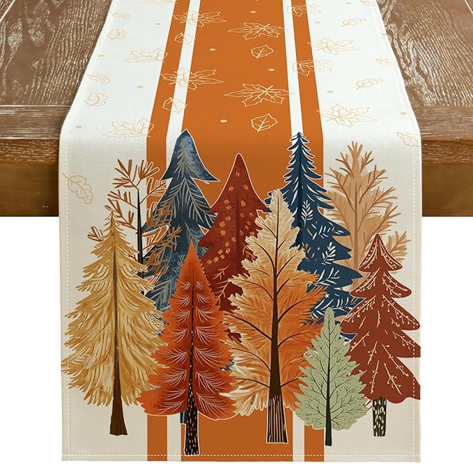 GEEORY Fall Watercolor Trees & Maple Leaves Striped Table Runner 13x90 Inch by GEEORY