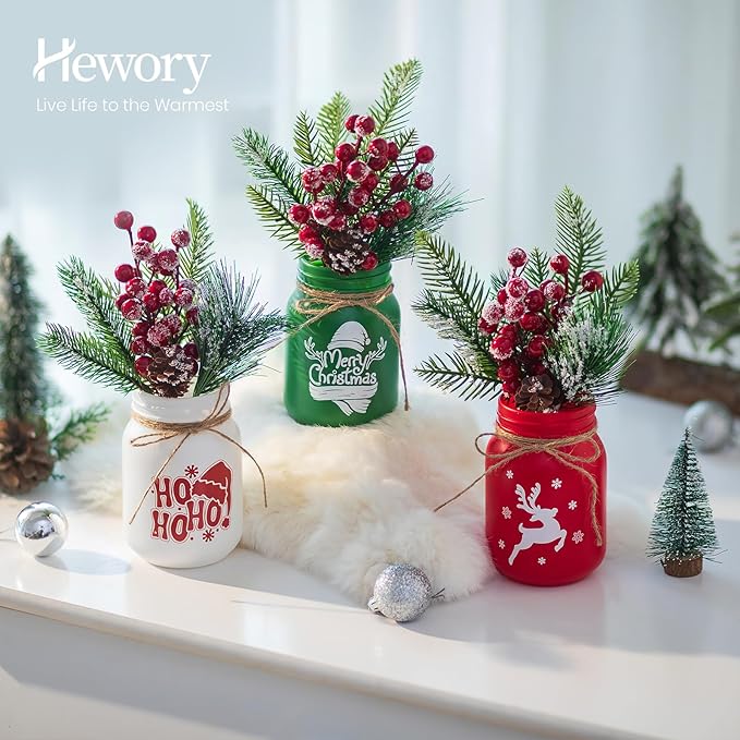 Hewory Christmas Vase for Table Centerpieces: 3 PCS Glass Christmas Mason Jars - Image 3