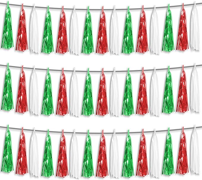 3P Red Green White Foil Fringe Metallic Tassel Streamers Banner Tassel Garland by HYSILLA