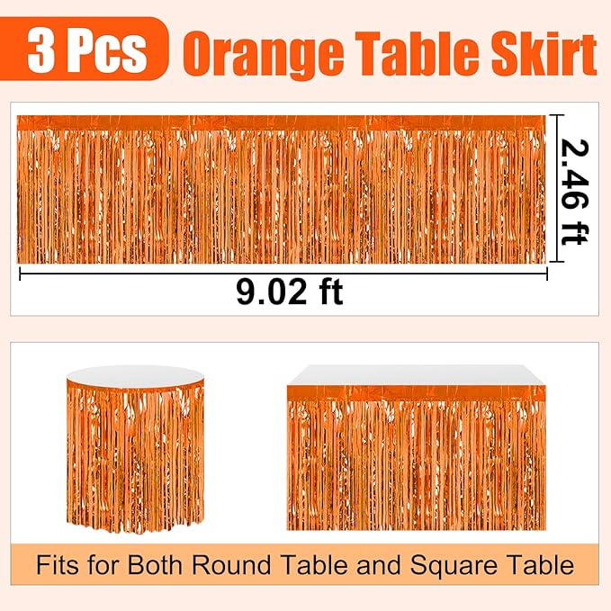 3 Pack 29 x108 Inch Orange Foil Fringe Table Skirts Metallic Banner - Image 2