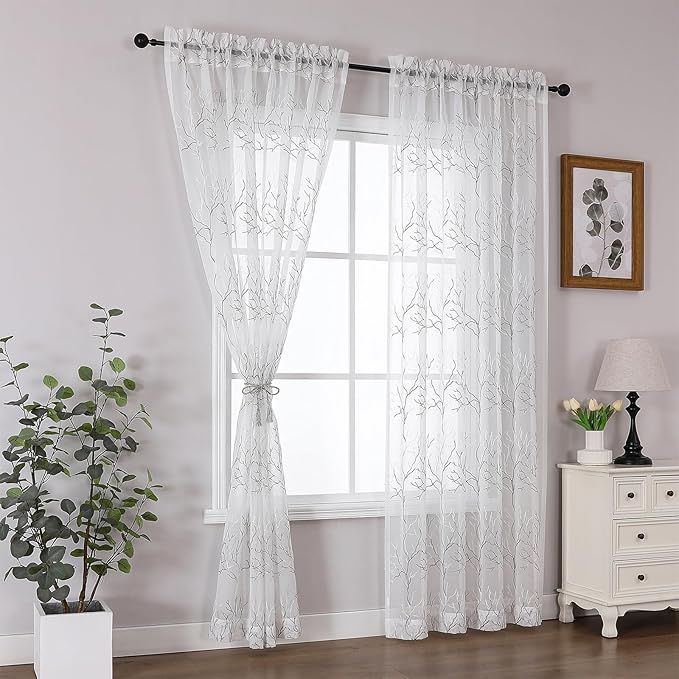 VISIONTEX Sheer Curtains 95 inch Length 2 Panels Set, Decorative Grey Coral - Image 8