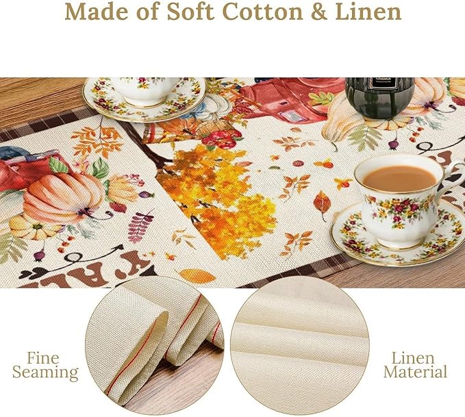 Fall Pumpkin Table Runner, Rustic Maple Yellow Leaf Trees Truncks Brown Plaid - Image 3