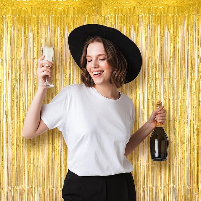 2 Pack Laser Gold Tinsel Foil Fringe Curtains, Metallic Tinsel Party Streamers - Image 7