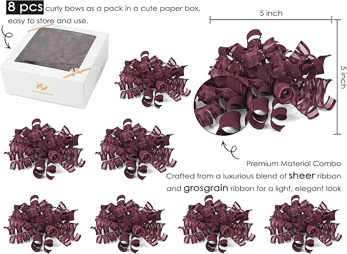 HUIHUANG Christmas Bows for Gift Wrapping Burgundy Curly Gift Bow 5 inch x 8 - Image 3