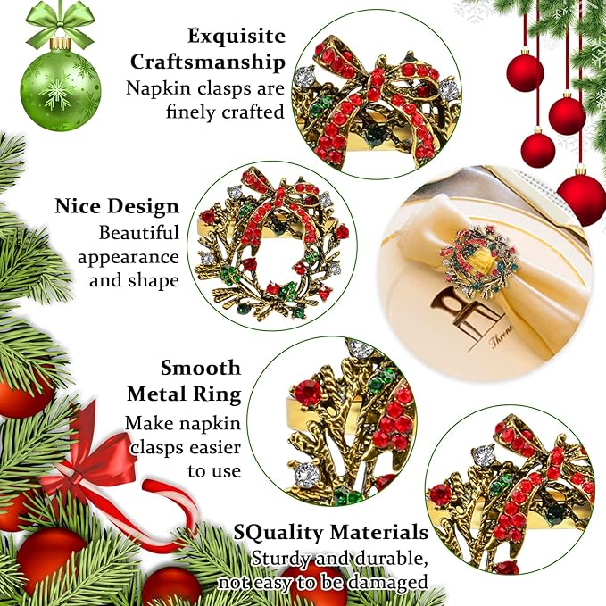 Halatool Set of 6 Christmas Napkin Rings Delicate Wreath Napkin Holder - Image 4