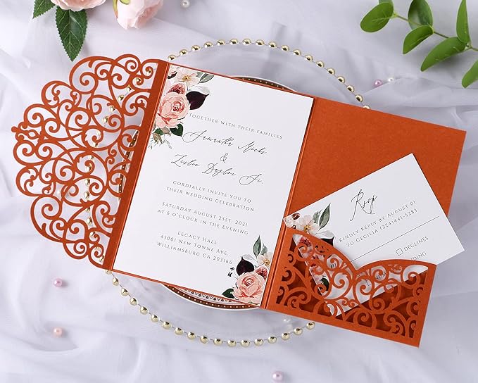 PONATIA 20 PCS Laser Cut Invitations Pockets, Terracotta Wedding Invitations - Image 3