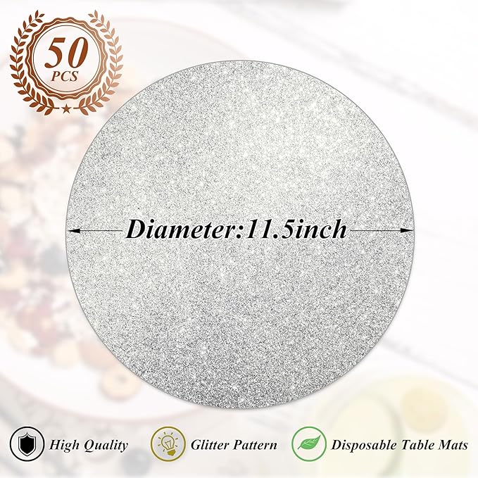 50 Pieces Silver Glitter Paper Place Mats Sparkle Round Disposable Table Mats - Image 2