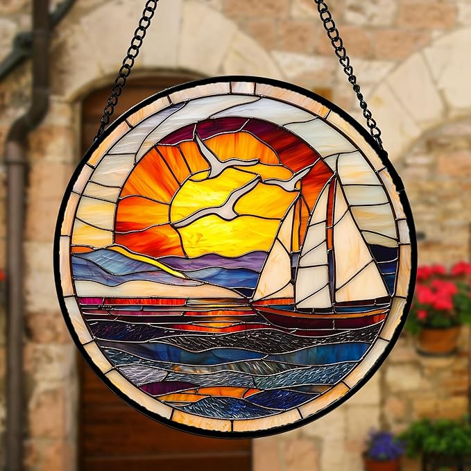 Stained Glass Window Hanging, Sun Ocean Sailboat Seagull Abstract Suncatcher - Image 5