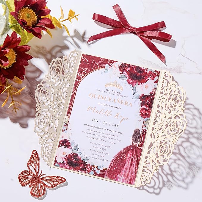 50pcs Burgundy Glitter Wedding Invitation Butterfly Rose Laser Cut Invitation - Image 6