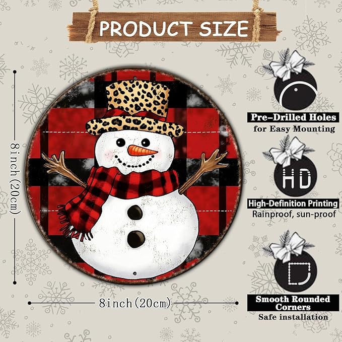 Round Christmas Snowman Tin Sign Vintage Snowman Sign Rustic Wall Decor - Image 2