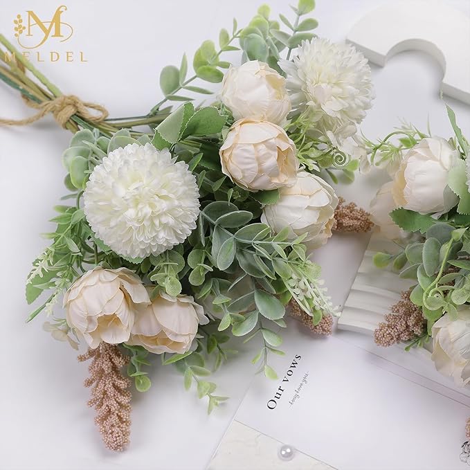 Meldel 3Pcs Rose Bouquet Light Champagne Artificial Flowers Peony Eucalyptus - Image 6