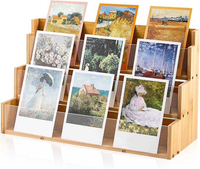 3 Tier Greeting Card Display Stand Wood Color Bamboo and Acrylic Sticker by Yuntau