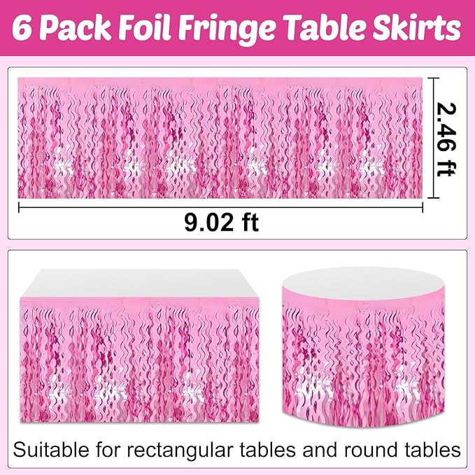 6 Pack 29x108 Inch Pink Wave Foil Fringe Table Skirts Metallic Banner - Image 2