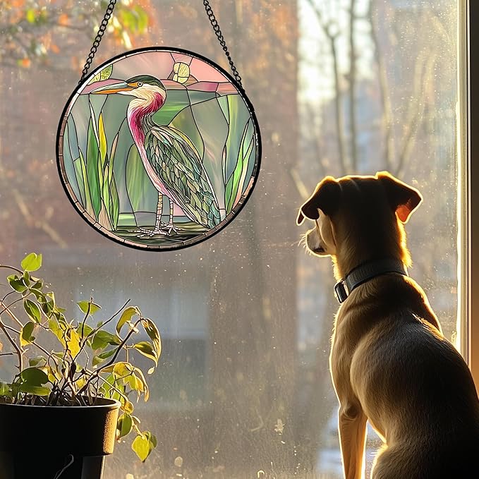 Stained Glass Window Hanging 4 Pcs Set Cute Animal 9.8"- Green Plant Pink - Image 4