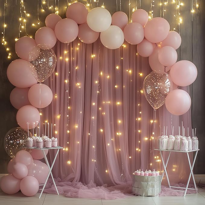 Tulle Backdrop Curtain with Lights String 10FT X 10FT Dusty Rose Sheer Tulle - Image 2
