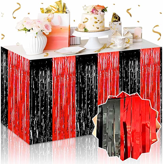 3 Pack Black and Red Foil Fringe Table Skirts Metallic Tinsel Streamers Garland by LANTIANCHEN