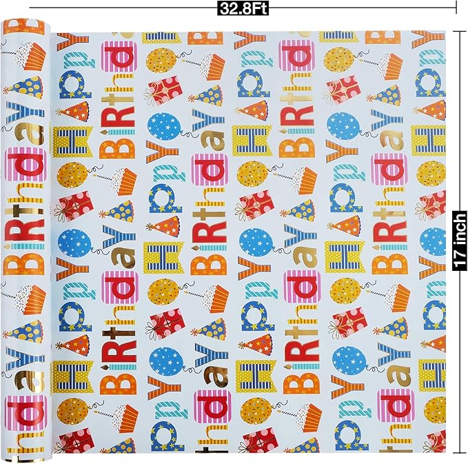 Aimyoo Blue Birthday Wrapping Paper Roll - Image 3