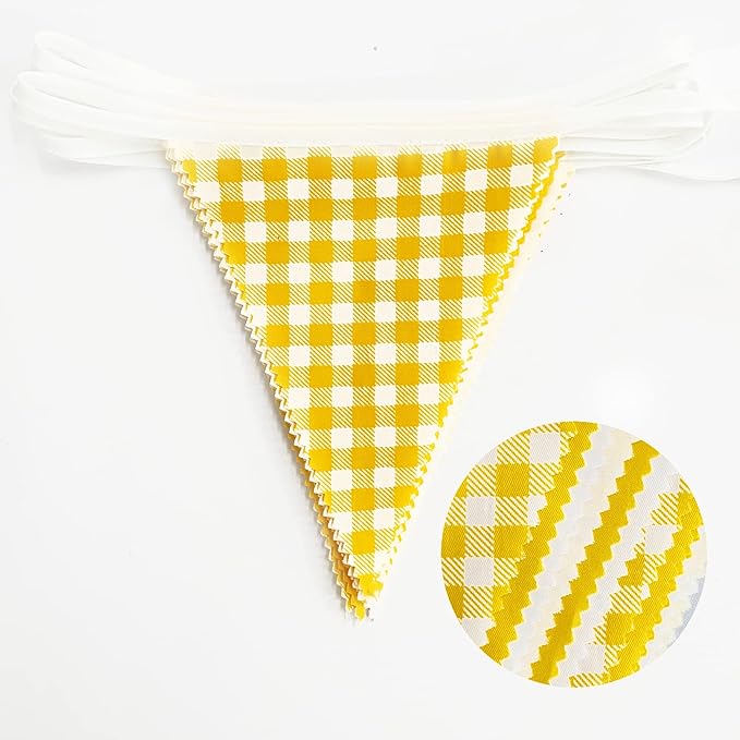 32Ft Yellow Plaid Checkered White Pennant Banner Fabric Gingham Triangle Flag - Image 2