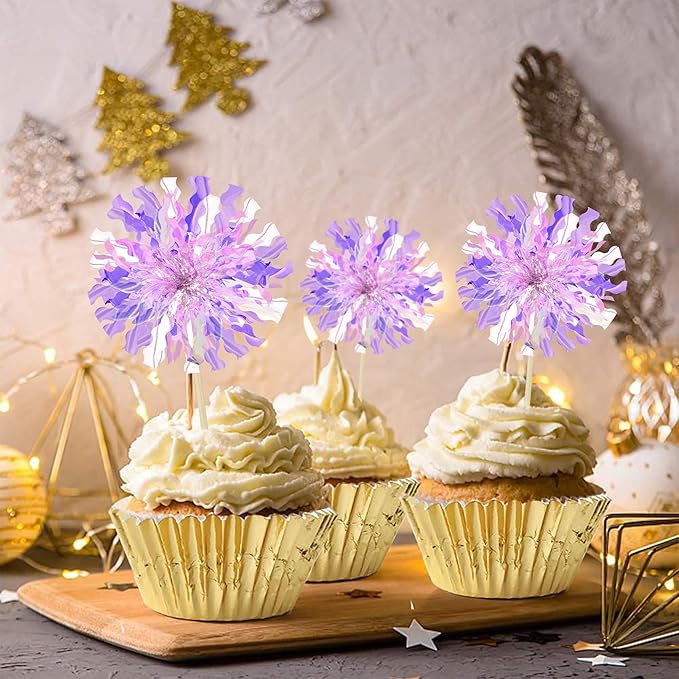 Ephlyn 30Pcs Foil Firework Cupcake Toppers Sparkle Tinsel Cupcake Picks Happy - Image 5