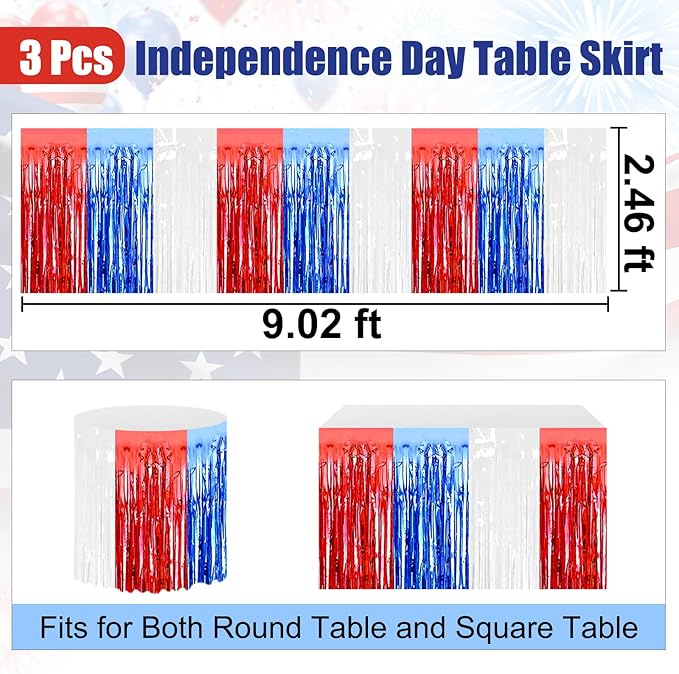 3 Pack 29 x108 Inch White Blue Red Foil Fringe Table Skirts Metallic Banner - Image 2