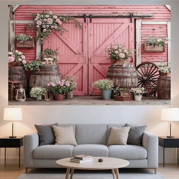6x4ft Country Wedding Pink Photography Backdrop Rustic Wooden Barn Door - Image 5