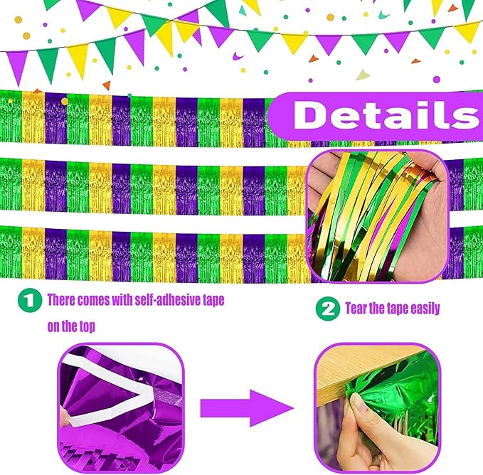 6 Pack 10 Feet Mardi Gras Foil Fringe Garland Metallic Tinsel Streamers Banner - Image 3