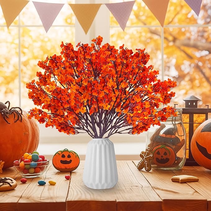 12PCS Fake Fall Flowers Orange Baby Breath Artificial Flowers Real Touch Silk - Image 3