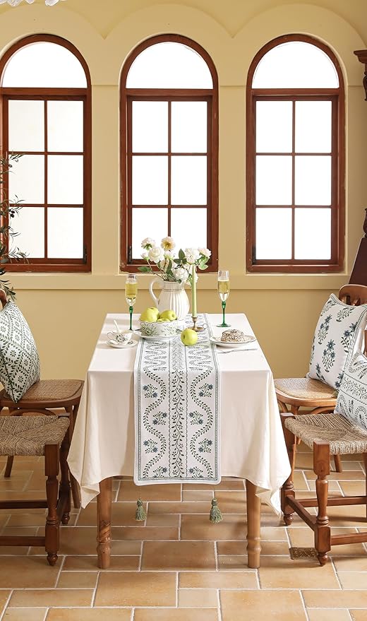ISAENNE Designer White Elegant Linen Table Runner 71 Inches Long, Chinoiserie - Image 8