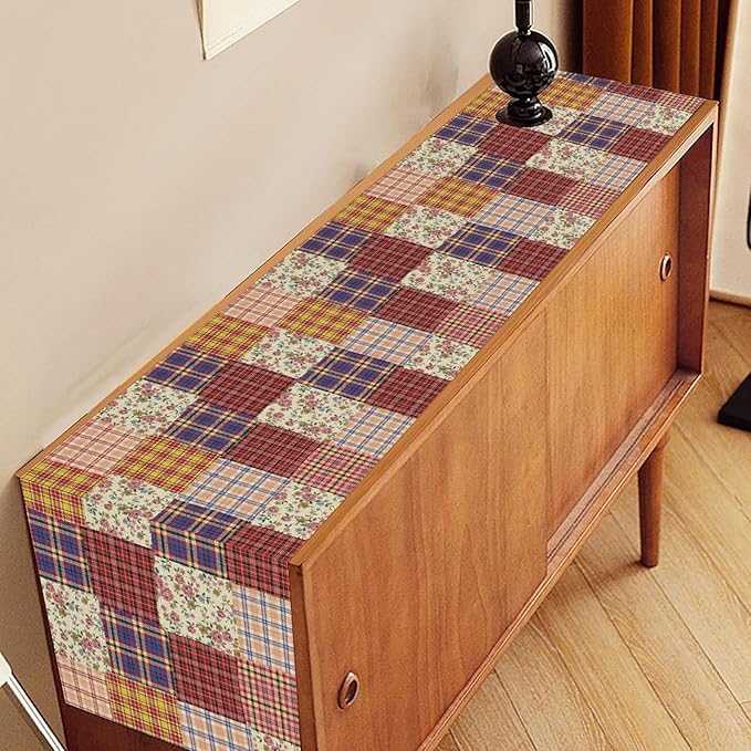 Patchwork Table Runner, Boho Vintage Floral Checkered Plaid Bohemian Paisley - Image 2