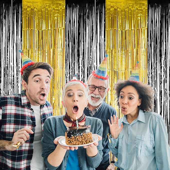 BTSD-home 4 Pack Black Gold Metallic Foil Fringe Curtain Tinsel Streamer Party - Image 6