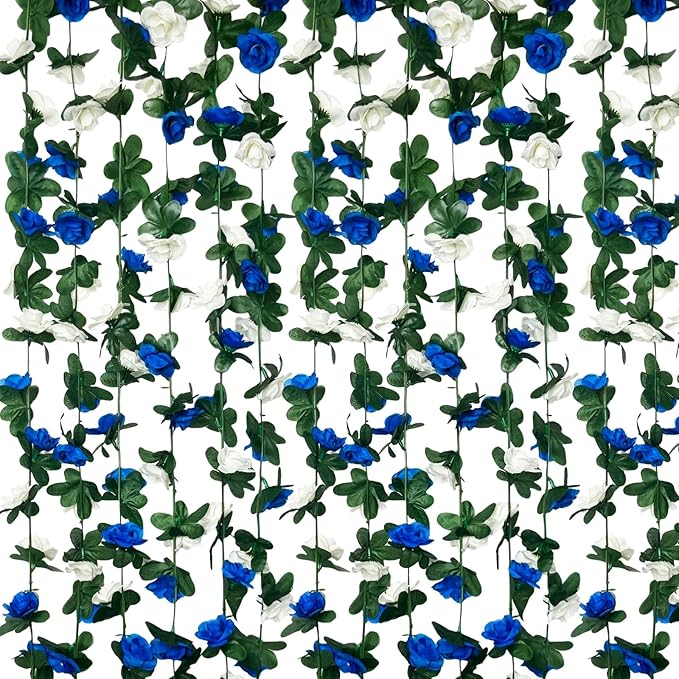 8Pcs 63Ft Royal Blue&White Fake Rose Hanging Flowers, Artificial Flower Vine by Tisspoms