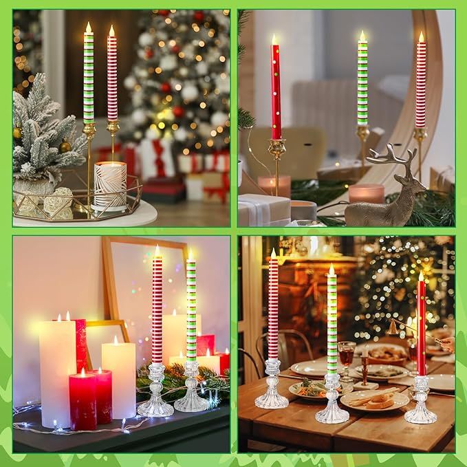 6 Pcs Christmas Flameless Taper Candles 10.6 Inch Red Green and White Striped - Image 6