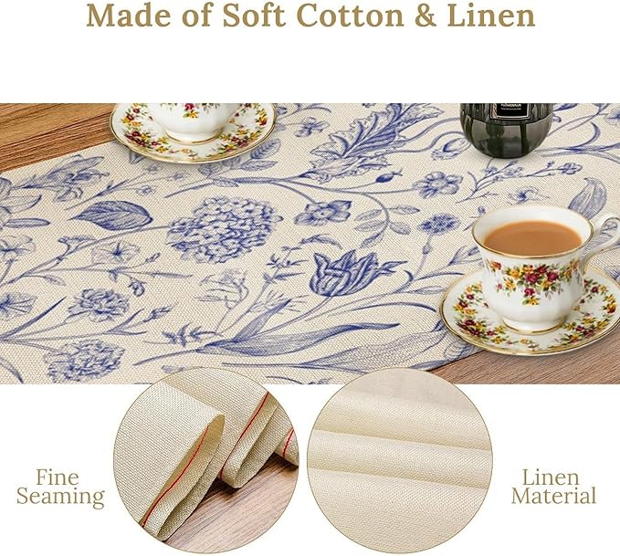 Monochrome Sketch Flowers Table Runner, Seasonal Spring Fall Plants Blue - Image 5